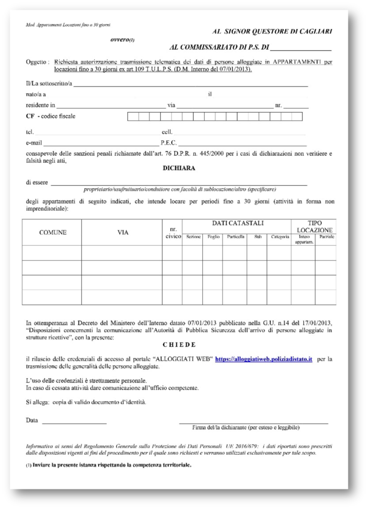 modulo questura - affittare casa sardegna